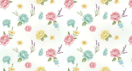 Seamless pattern with watercolor roses and lavender on white background