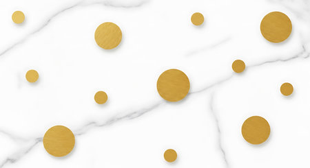 Gold polka dots on white marble background. 3d render illustration