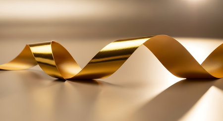 Curled gold ribbon on a golden background. 3d illustration.の写真素材