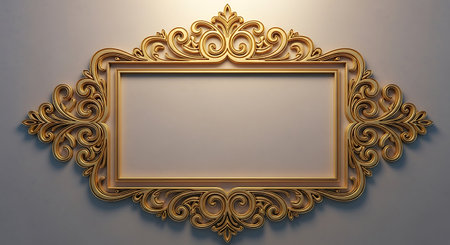 3D rendering of a golden frame in a classic style on a wallの写真素材