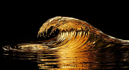 Golden water splash isolated on black background. 3d render illustration.の写真素材
