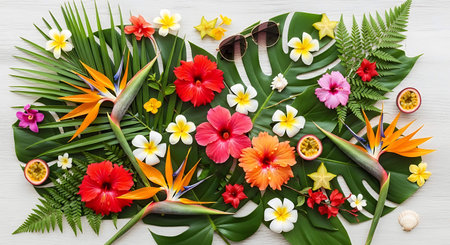Tropical flowers and leaves on white wooden background, flat layの写真素材