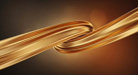 3d render of golden wavy ribbon on a brown background.の写真素材