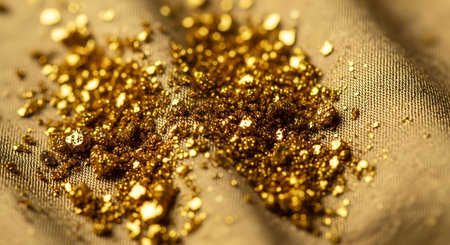 golden sequins on a fabric background close-up macro photoの写真素材