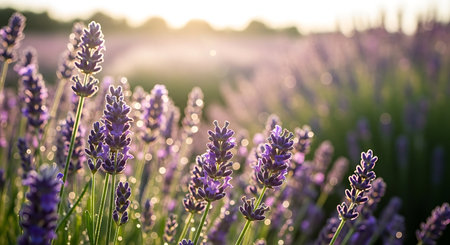 Lavender flowers in the field at sunset, close-upの写真素材