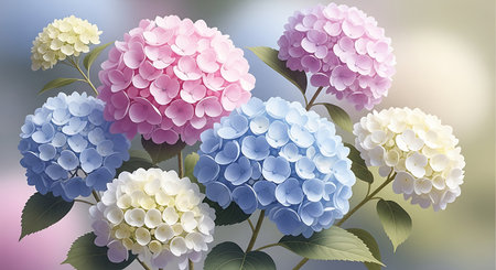 Hydrangea flowers background, hydrangea flowers in pastel colorsの写真素材