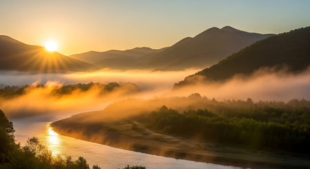 Sunrise over the river in the morning mist. Beautiful landscape.の写真素材