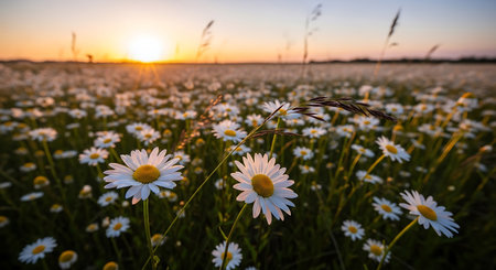 Beautiful daisies on a meadow at sunset in summerの写真素材