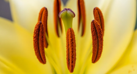 Close up of a yellow lily with pistil and stamensの写真素材