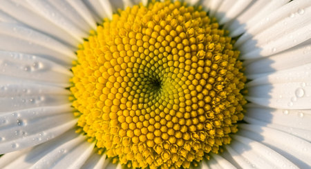 Close up of white chamomile flower with dew dropsの写真素材