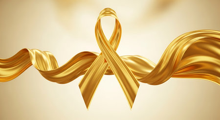 Gold ribbon. Symbol of World Aids Day. 3D renderingの写真素材