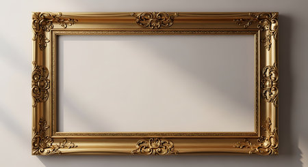 blank golden picture frame on white wall, 3d render illustration mockup