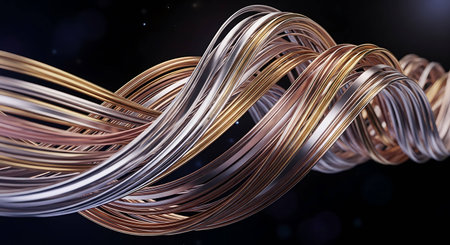 3d rendering of abstract background with copper wire in black and goldの写真素材