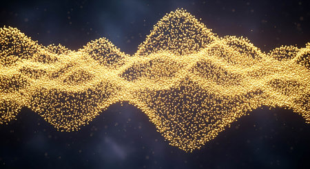 Golden particles on a dark background. 3d rendering, 3d illustration.