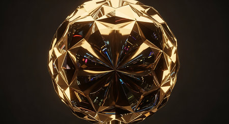 3d rendering of a golden disco ball on a black background.