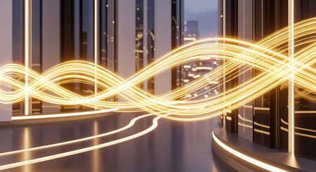 3d rendering of long exposure light trails in a modern office buildingの写真素材