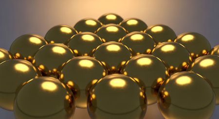 Abstract 3d rendering of golden spheres in empty space. Futuristic background with balls.の写真素材