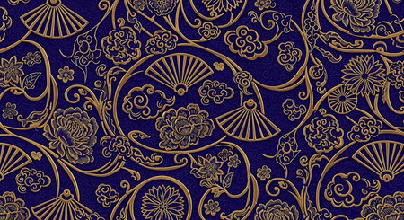 Seamless pattern with traditional Asian elements on a blue background.の写真素材