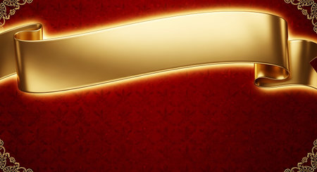 Wedding invitation card with gold ribbon on a red background.の写真素材