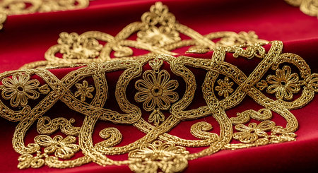 Closeup detail of a gold ornament on a red satin backgroundの写真素材