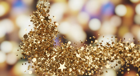 Christmas tree made of golden confetti on bokeh background.の写真素材