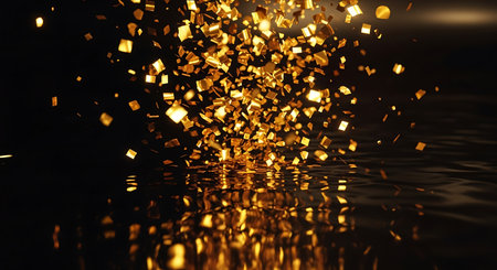 Falling gold confetti on black background.の写真素材