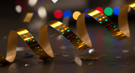 golden streamers and confetti on dark background with bokeh effectの写真素材