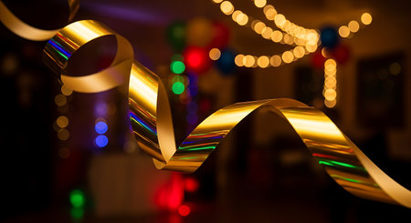 Golden ribbon with colorful bokeh lights on the background. Festive background.の写真素材