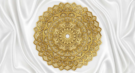 3d illustration of a golden mandala on white silk fabric backgroundの写真素材