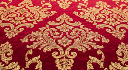 Damask gold pattern on a red background. Close-up.