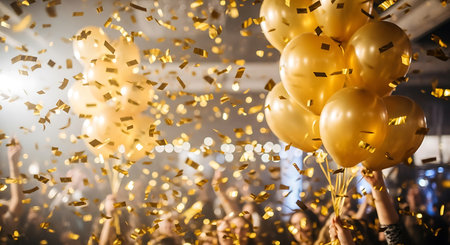 Golden balloons and confetti flying in the air at a party.の写真素材