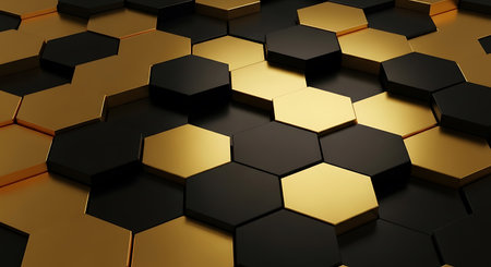 3d rendering of abstract hexagon background in golden and black colorの写真素材
