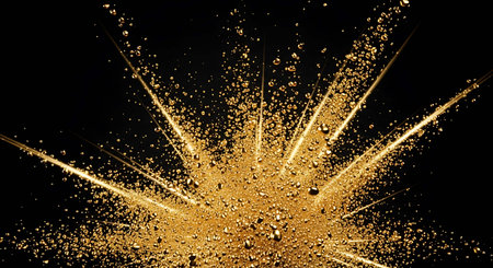 Golden glitter sparkle on black background. Abstract glittering background.の写真素材