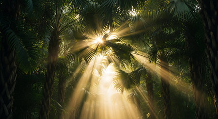 Palm trees in tropical forest with sunbeams and lens flareの写真素材