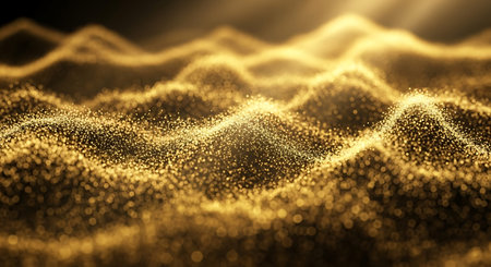 Golden particles wave flow with bokeh light on black background. 3d renderingの写真素材