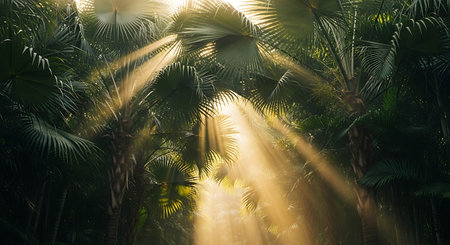 Sun rays shining through the leaves of palm trees in a tropical forest
