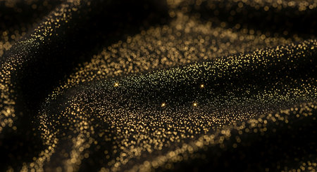 Gold glittering sequins on a black fabric. Abstract background.の写真素材