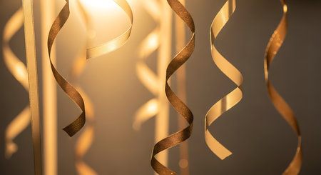 Curly ribbons on a gold background. Shallow depth of field.の写真素材