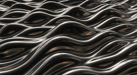 3d render, abstract wavy metallic background, black and whiteの写真素材