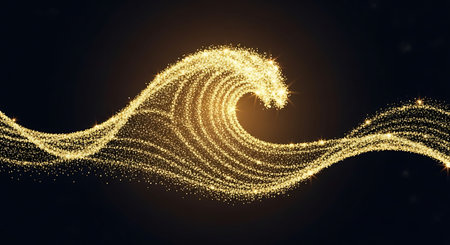 Abstract golden wave with particles on dark background. 3d rendering.の写真素材