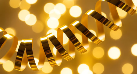 golden streamers on bokeh background, christmas decorationの写真素材