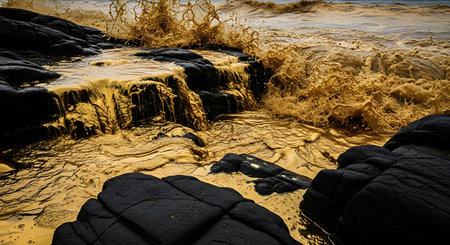 Stormy waves breaking on the rocks on the beach at sunset.