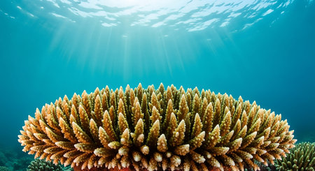 Tropical coral reef with hard corals and sunlight in blue water