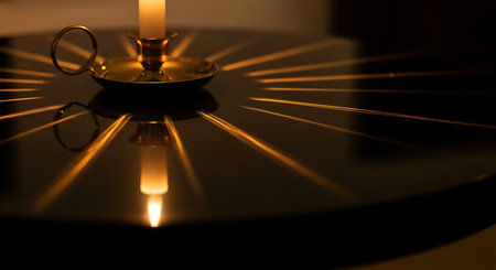 Candle in a candlestick on a dark background close-upの写真素材