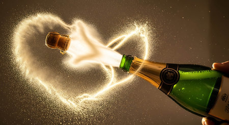 Champagne explosion with cork on dark background. Celebration concept.の写真素材