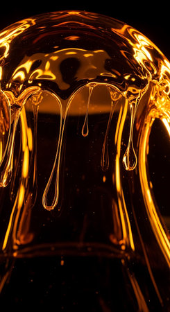 Close-up of honey flowing from a decanter on a black backgroundの写真素材