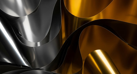 3d rendering of abstract metallic background with waves and lines in black and gold colorsの写真素材