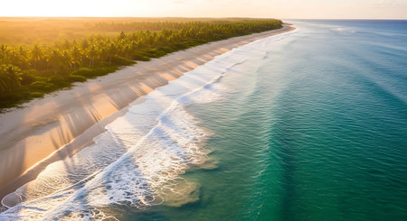 Aerial view of beautiful tropical beach with coconut palm trees at sunsetの写真素材