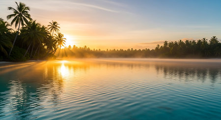Tropical beach with coconut palm trees at sunrise. Sri Lankaの写真素材