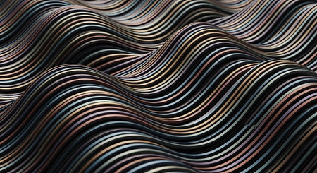 3d rendering of abstract wavy metallic background with waves and linesの写真素材